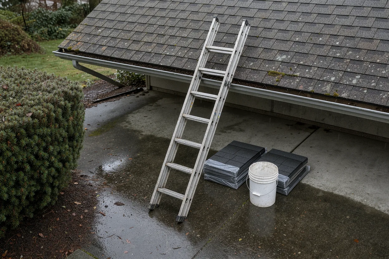 A ladder against a roof edge with shingle bundles staged on a wet driveway