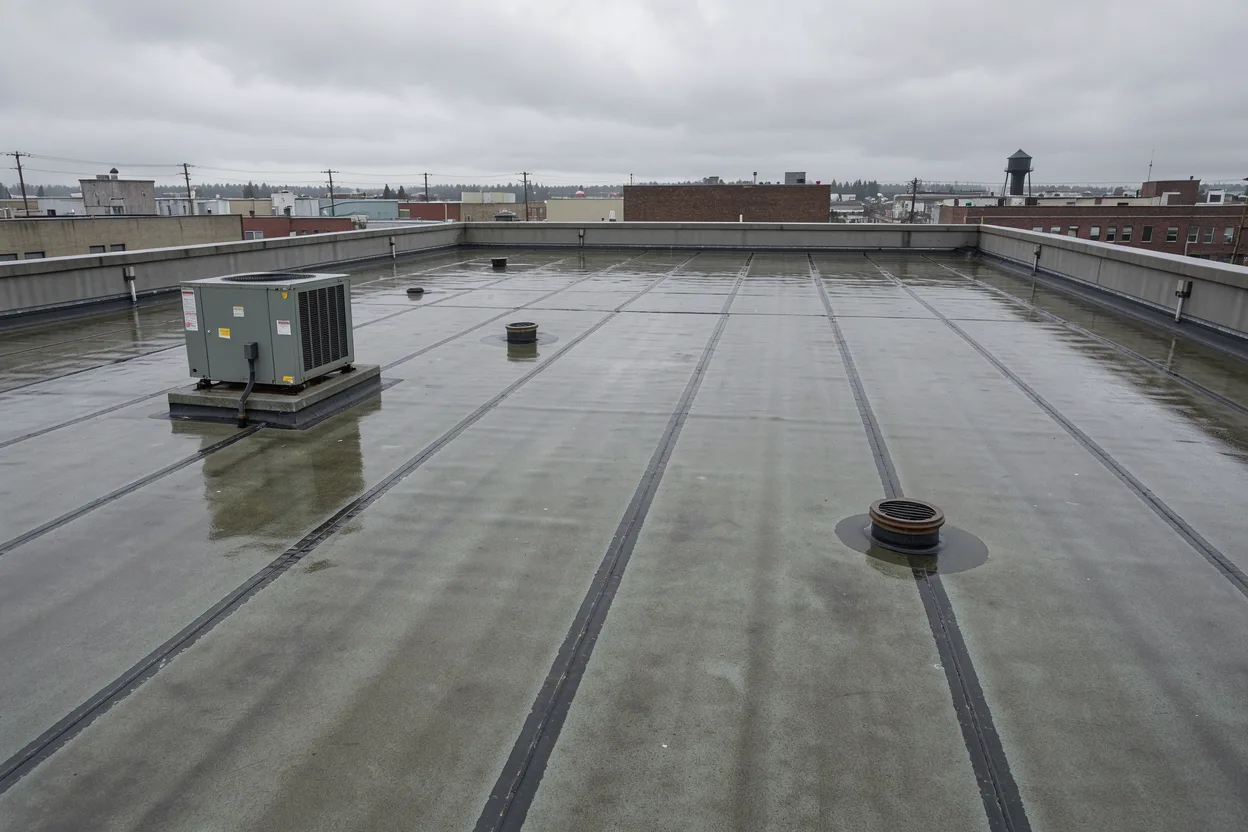 A large flat commercial membrane roof with drains and a rooftop unit
