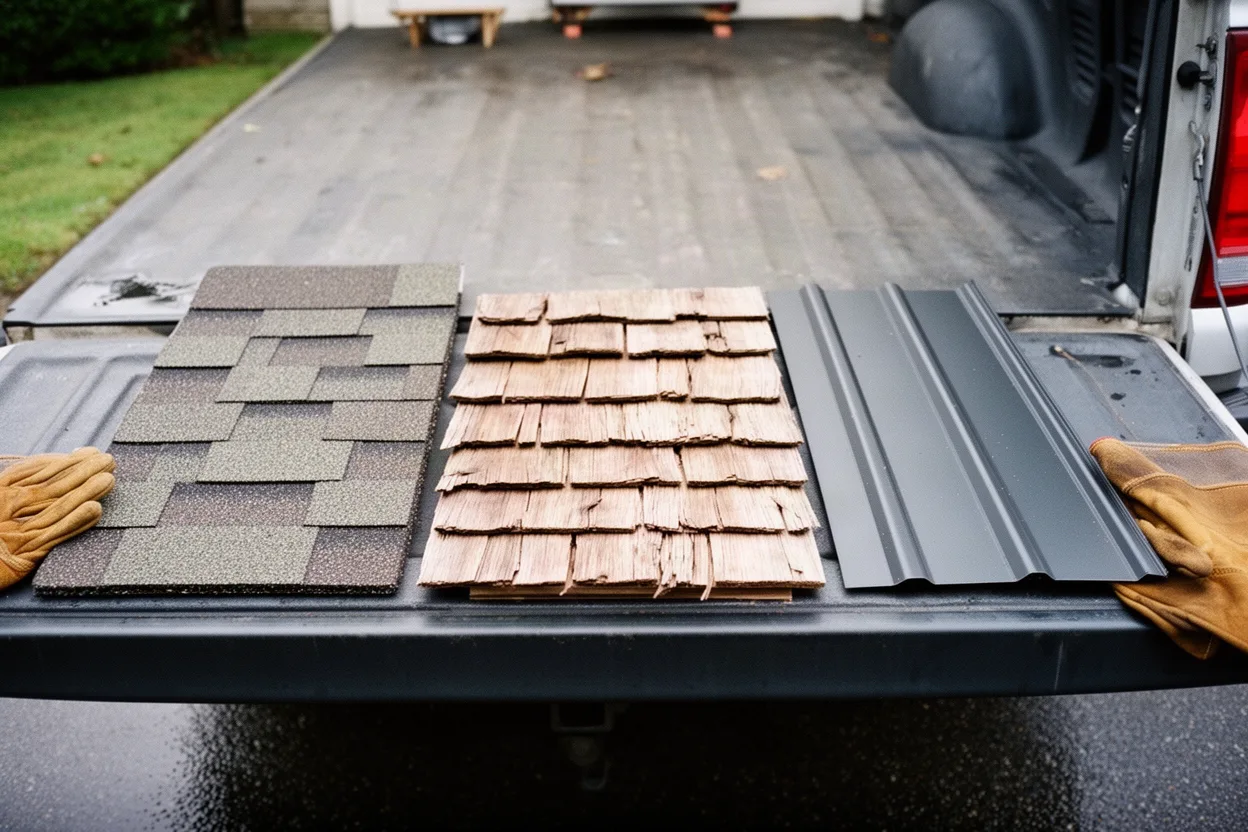 Three roofing material samples on a tailgate: composition shingle, cedar shake, and standing-seam metal