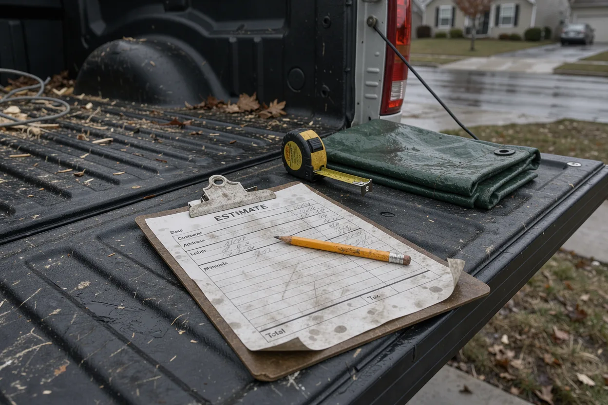 A clipboard with an estimate form resting on a pickup tailgate near a house