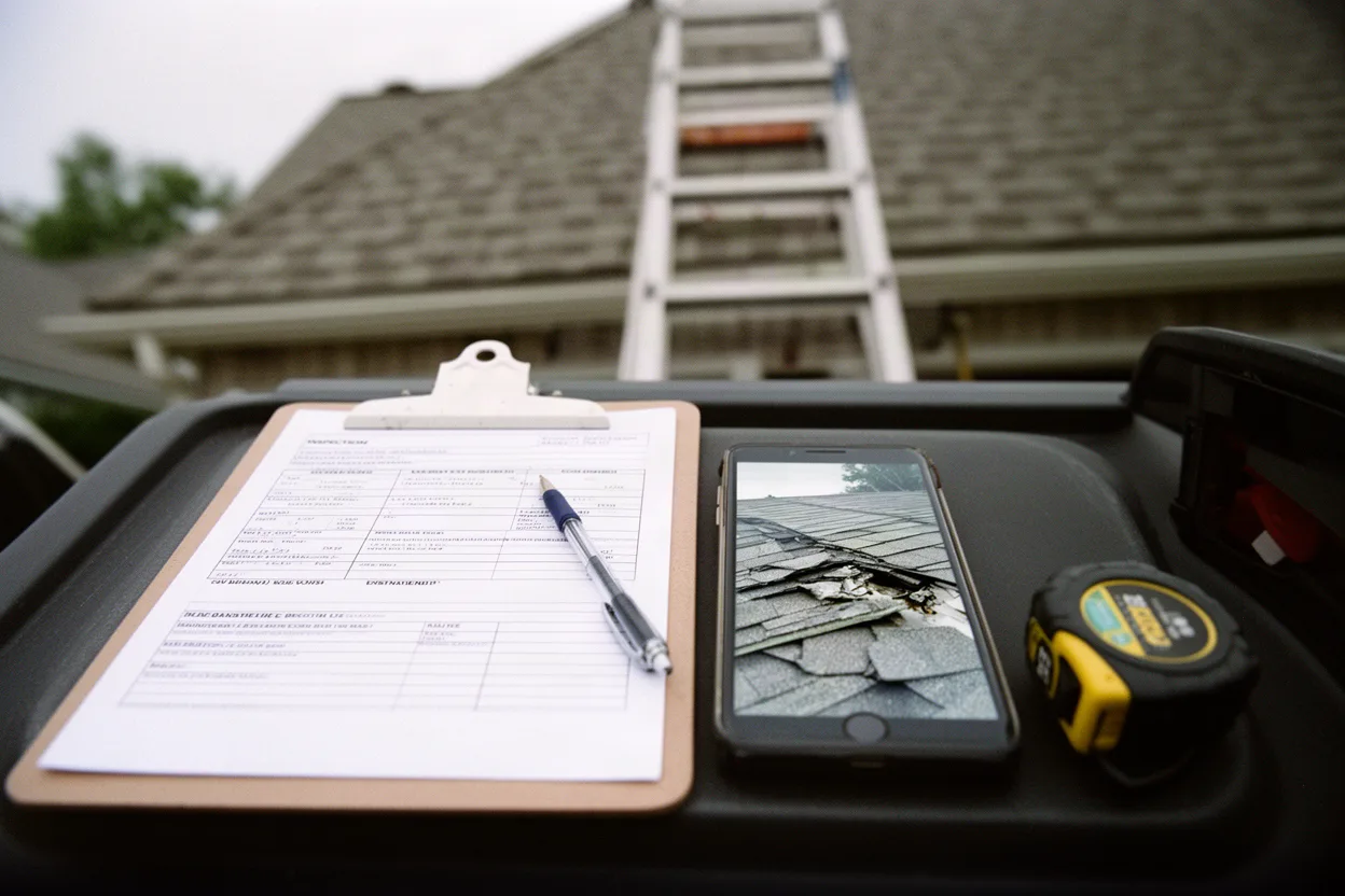 A clipboard with an inspection form and a phone showing a photo of roof damage on a pickup tailgate