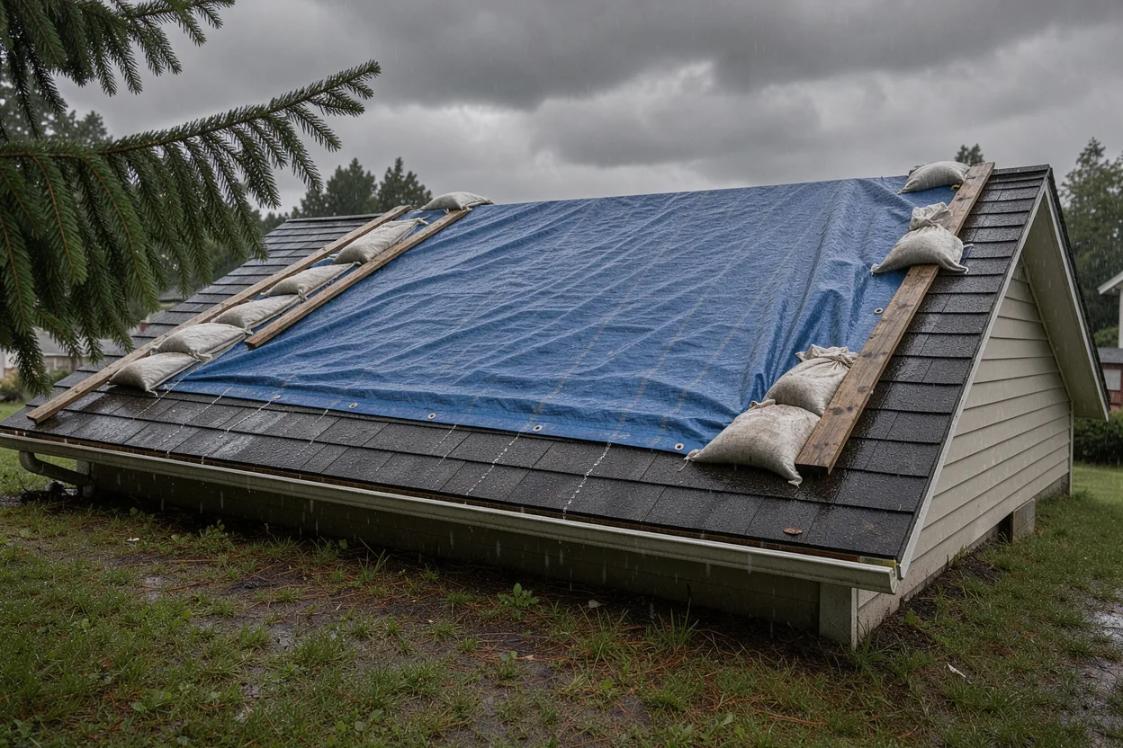 A blue emergency tarp anchored over a house roof under a storm sky
