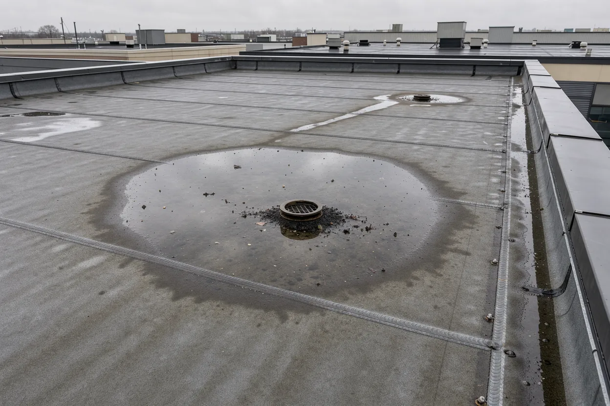 Standing water near a roof drain on a flat membrane commercial roof