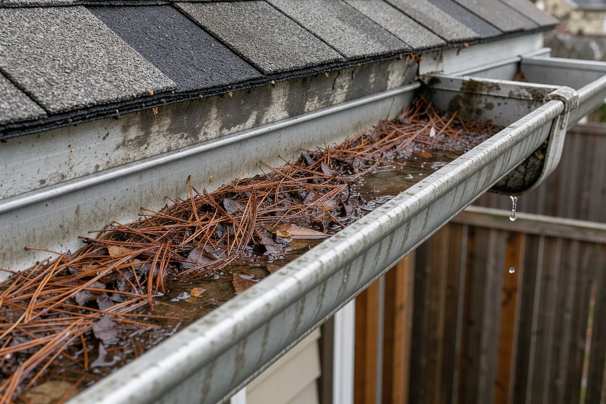 A gutter trough packed with fir needles and leaf sludge along a roof eave