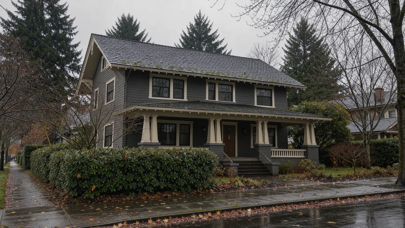 A Portland craftsman house with a steep moss-fringed roof under gray November skies