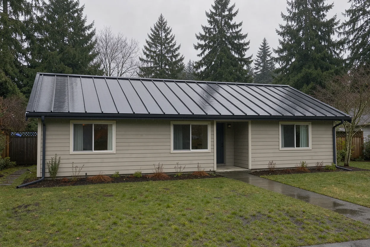 A charcoal standing-seam metal roof on a ranch house under overcast skies
