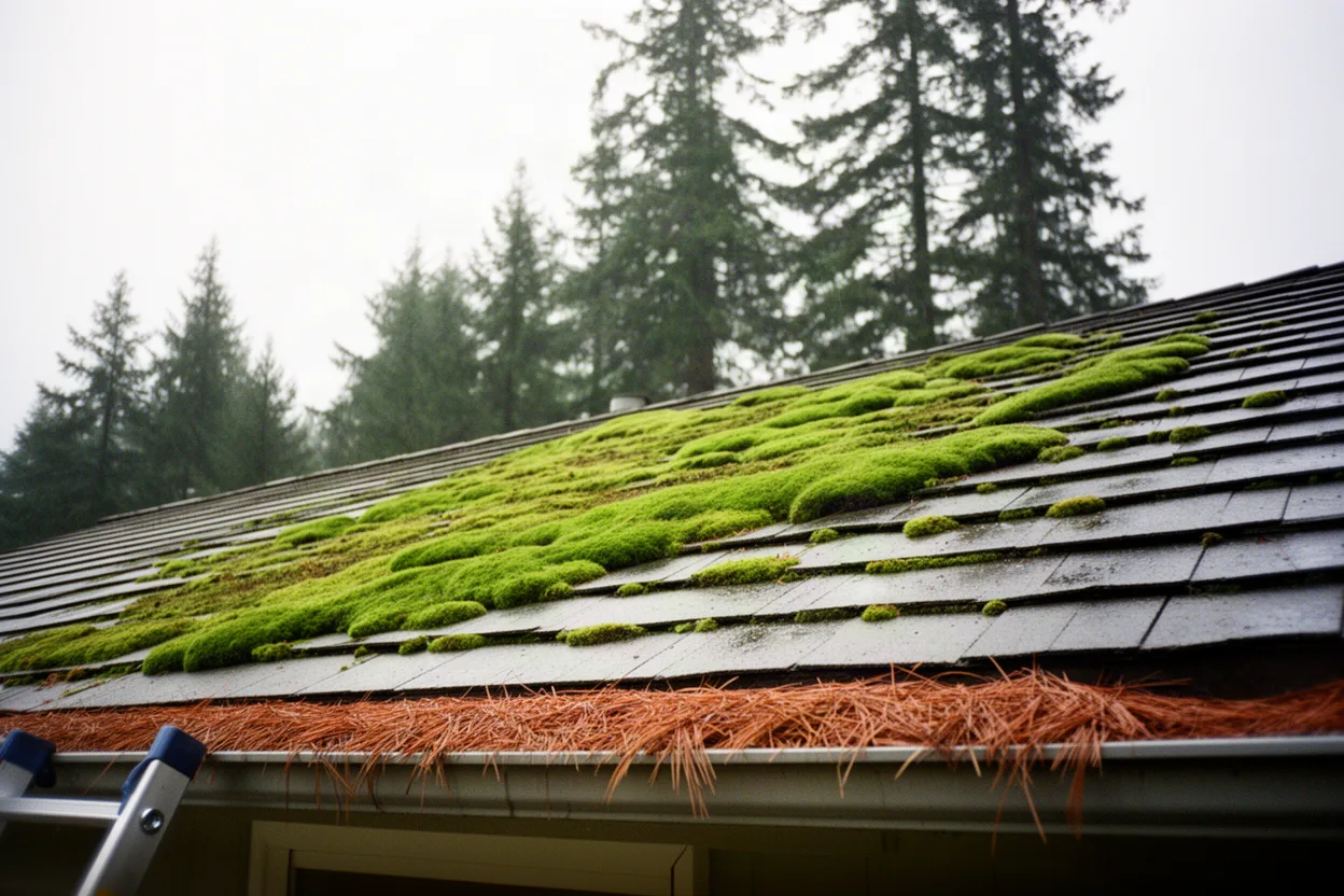 Thick green moss growing between composition shingles on a north-facing roof slope