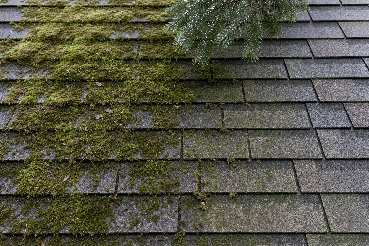A roof slope half covered in moss and half freshly cleaned