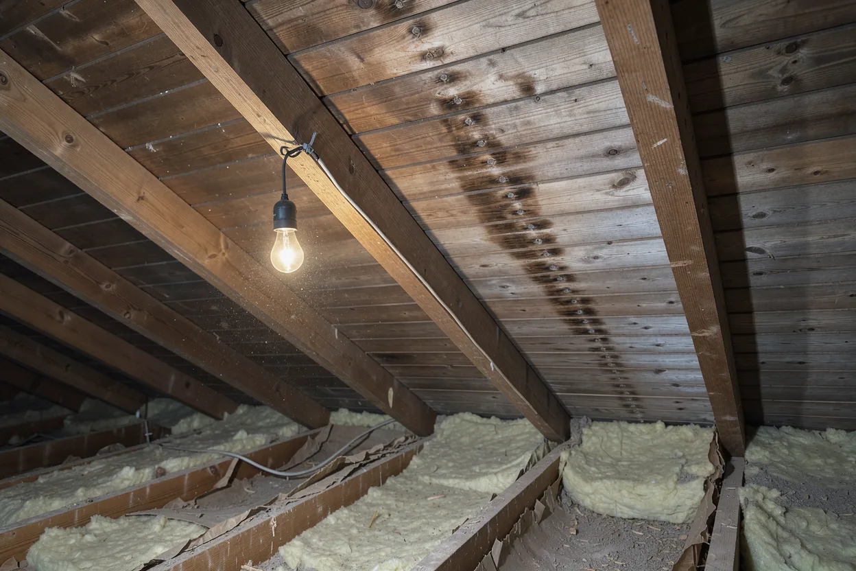 Attic sheathing showing a dark moisture stain under a bare bulb