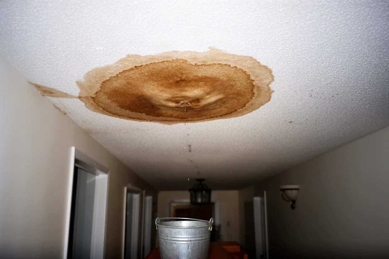 A brown water stain on a white interior ceiling with a bucket catching a drip below
