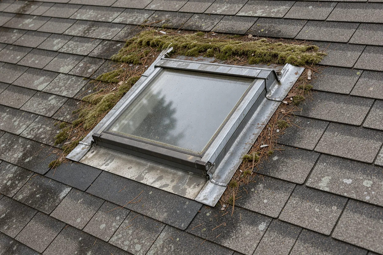 An older skylight on a shingle roof with moss growing above its flashing