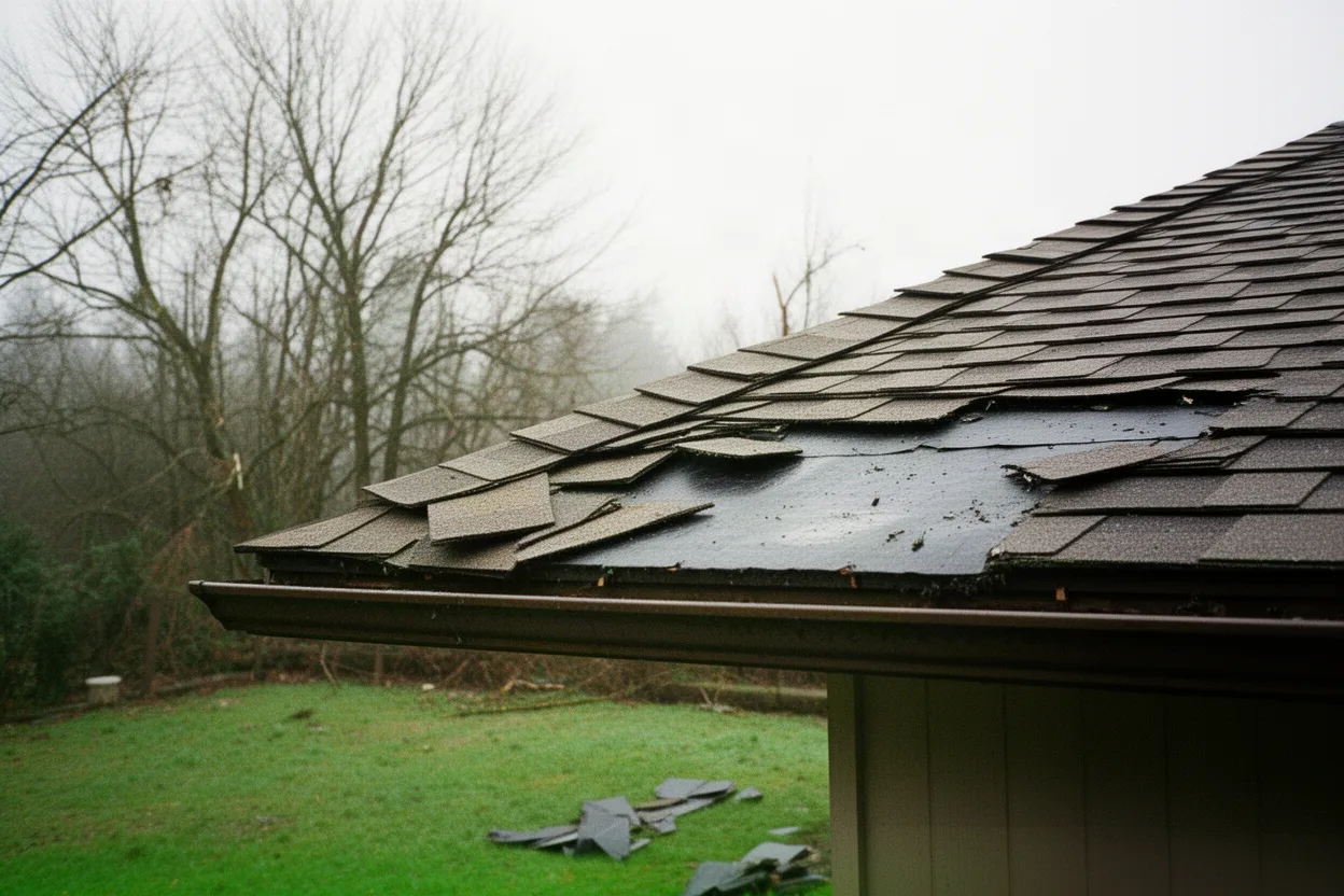 Lifted and missing composition shingles along a roof edge after a wind storm